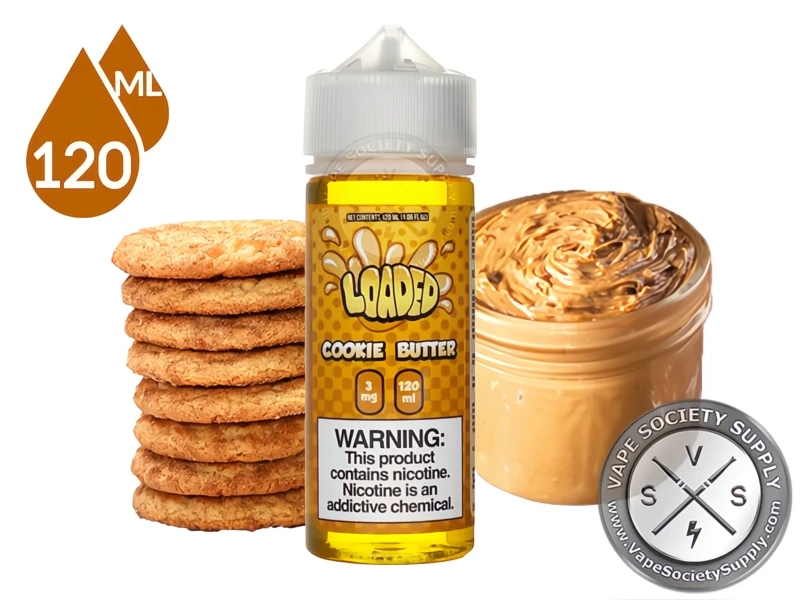 Cookie Butter LOADED 120ml bottle with cookies and a jar of cookie butter