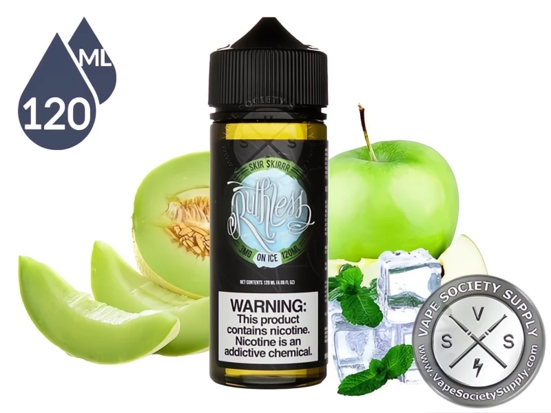 Skir Skirrr On Ice Ruthless Vapor 120ml bottle with honeydew melon, green apples, ice, and mint