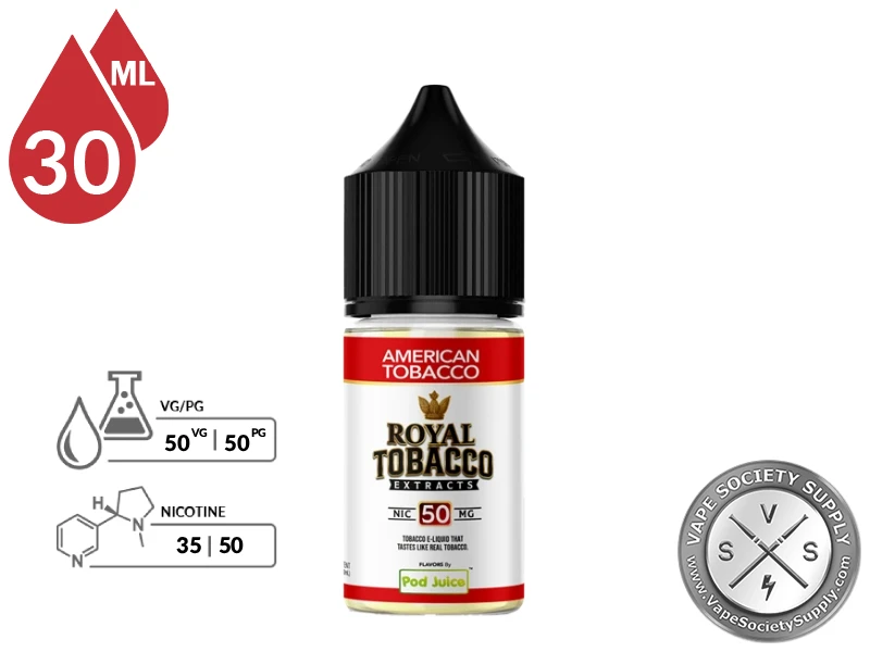 American Tobacco Royal Tobacco Salt 30ml bottle with its 50VG/50PG ratio icon