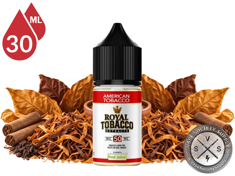 American Tobacco Royal Tobacco Salt 30ml bottle among tobacco leaves, rolled leaves, and loose-cut tobacco