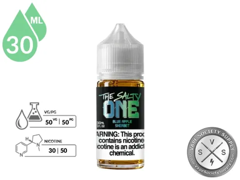 Blue Apple Sherbet THE SALTY ONE 30ml bottle with a black label and blue lettering on a white background