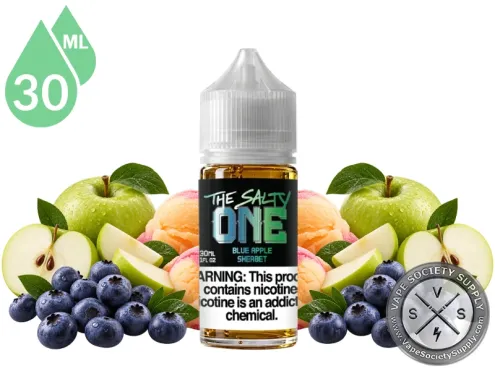 Blue Apple Sherbet THE SALTY ONE 30ml bottle with a black label among green apples and scoops of sherbet