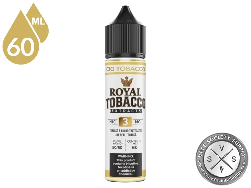 Cig Tobacco Royal Tobacco 60ml bottle with a white label and gold top band, on a white background