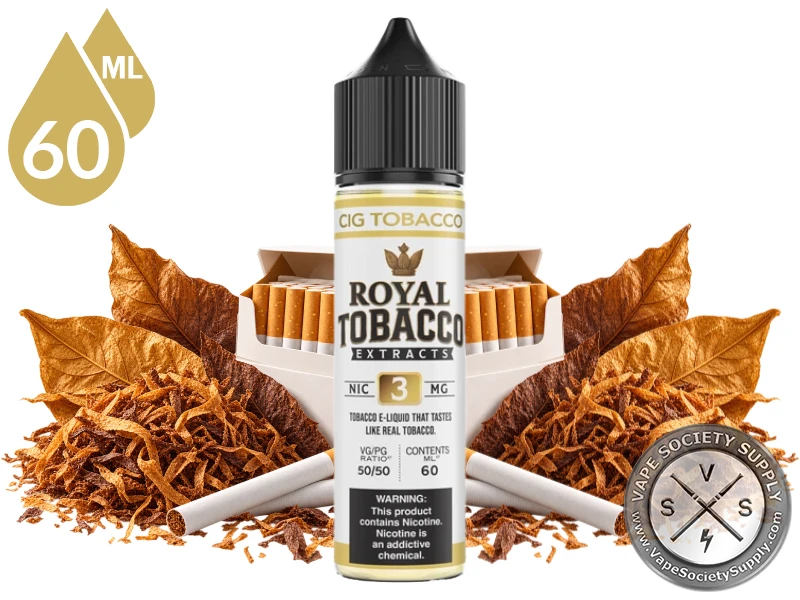 Cig Tobacco Royal Tobacco 60ml bottle among tobacco leaves, loose-cut tobacco, and an open pack of cigarettes