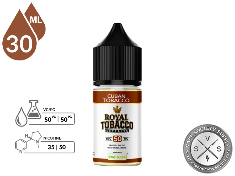 Cuban Tobacco Royal Tobacco Salt 30ml bottle with its 50VG/50PG ratio icon