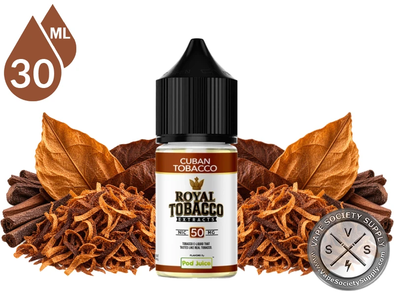 Cuban Tobacco Royal Tobacco Salt 30ml bottle among tobacco leaves, loose-cut tobacco, and dark cigars