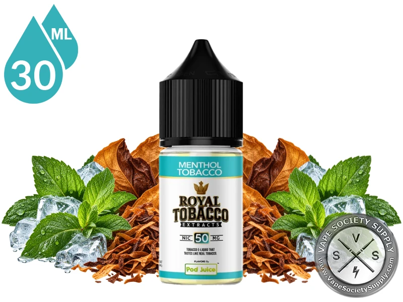 Menthol Tobacco Royal Tobacco Salt 30ml bottle among tobacco leaves, fresh mint leaves, and ice cubes