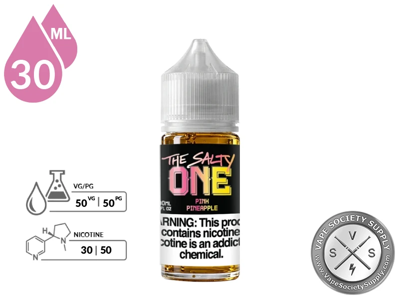 Pink Pineapple THE SALTY ONE 30ml bottle with its 50VG/50PG ratio icon