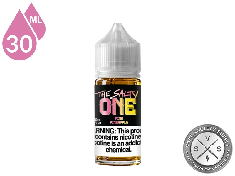 Pink Pineapple THE SALTY ONE 30ml bottle with a black label and pink lettering on a white background