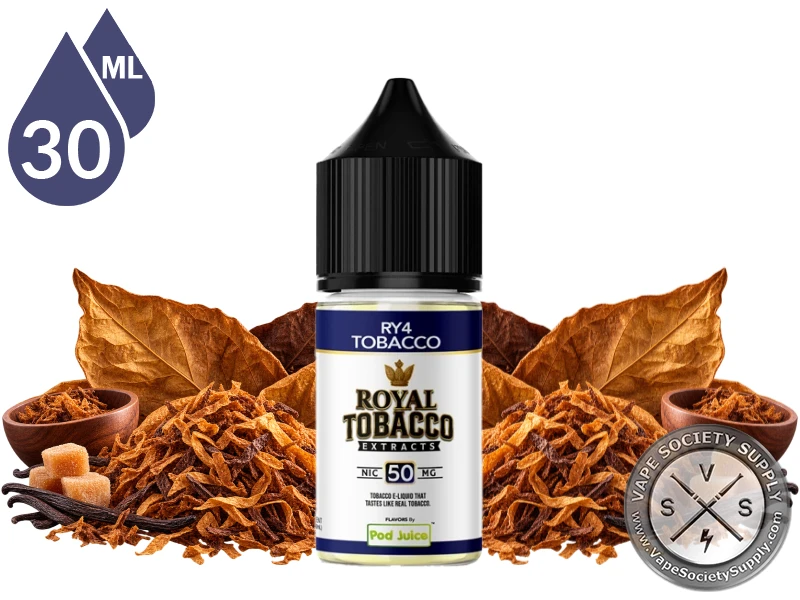 RY4 Tobacco Royal Tobacco Salt 30ml bottle among tobacco leaves, caramel cubes, and vanilla beans