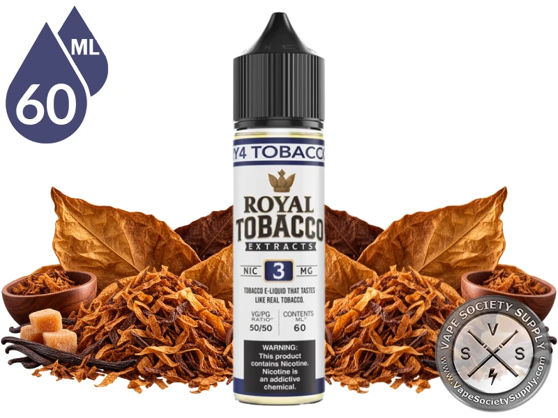 RY4 Tobacco Royal Tobacco 60ml bottle among tobacco leaves, caramel cubes, and vanilla beans