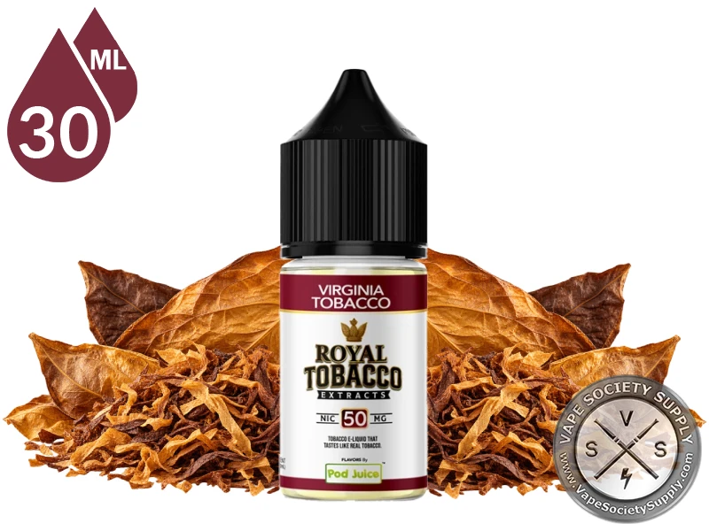 Virginia Tobacco Royal Tobacco Salt 30ml bottle among golden tobacco leaves and a mound of loose-cut tobacco
