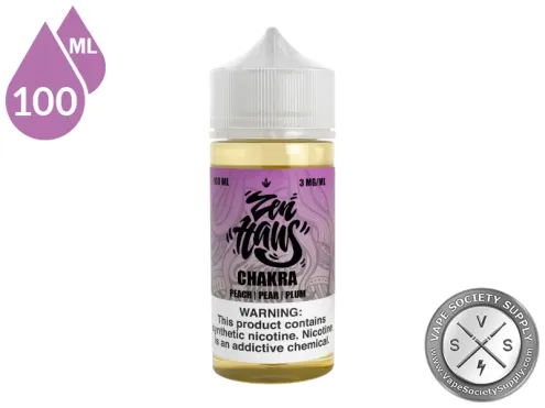 Chakra Zen Haus 100ml vape juice featuring peach, pear, and plum freebase eLiquid.