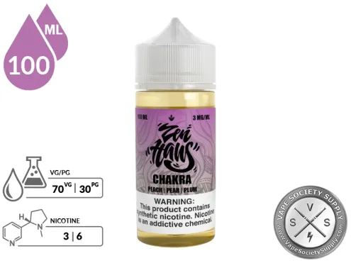 Chakra Zen Haus 100ml bottle with 70VG 30PG freebase nicotine formula.