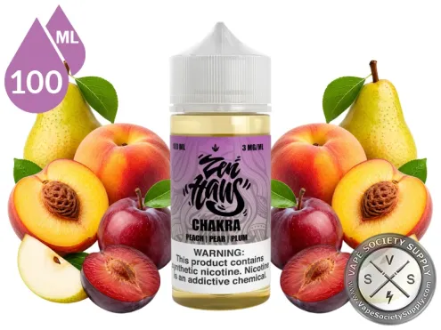 Chakra Zen Haus peach pear plum vape juice with fresh fruit.
