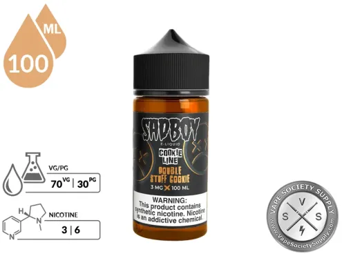 Double Stuff Cookie SADBOY Cookie Line showing 70VG/30PG ratio and nicotine strengths.