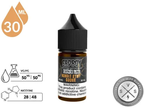Double Stuff Cookie SADBOY Cookie Line Salt specifications showing 50VG/50PG and nicotine strengths.