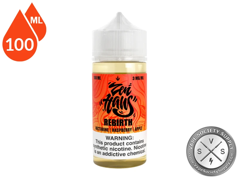 Rebirth Zen Haus 100ml vape juice featuring nectarine, raspberry, and apple flavor.