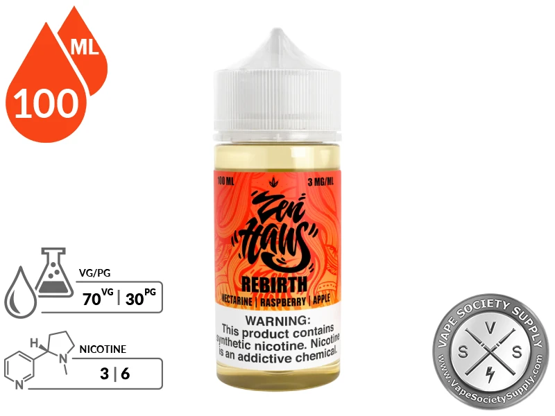 Rebirth Zen Haus 100ml synthetic nicotine vape juice bottle with 70VG 30PG ratio.