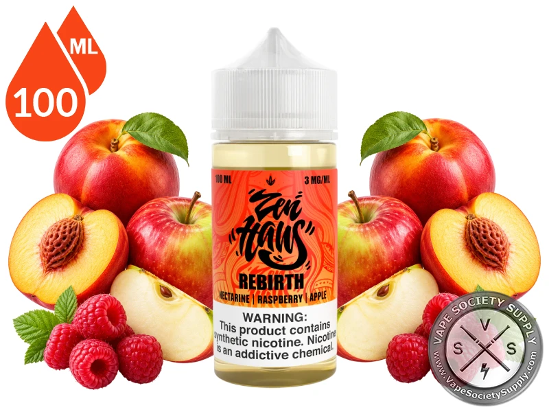 Rebirth Zen Haus nectarine raspberry apple vape juice with fresh fruit.
