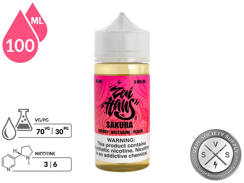 Sakura Zen Haus 100ml freebase vape juice bottle with 70VG 30PG ratio.