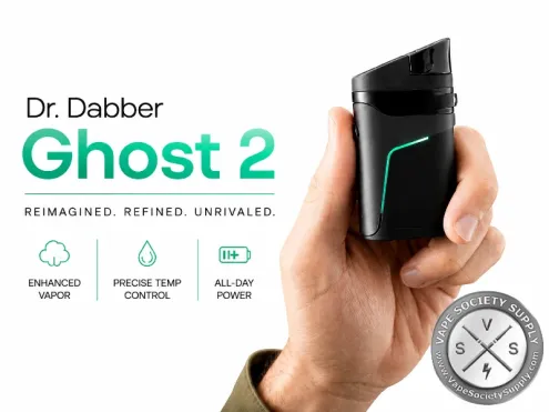 Dr. Dabber Ghost 2 concentrate vaporizer held in hand, featuring precision temperature control, enhanced vapor production, and all-day battery life for wax and concentrate sessions.