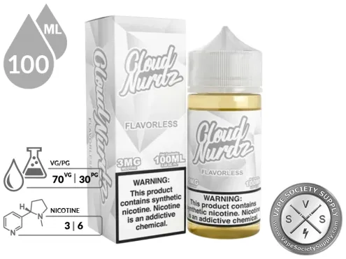 Flavorless CLOUD NURDZ 100ml vape juice specifications showing 70VG/30PG blend and nicotine strengths.