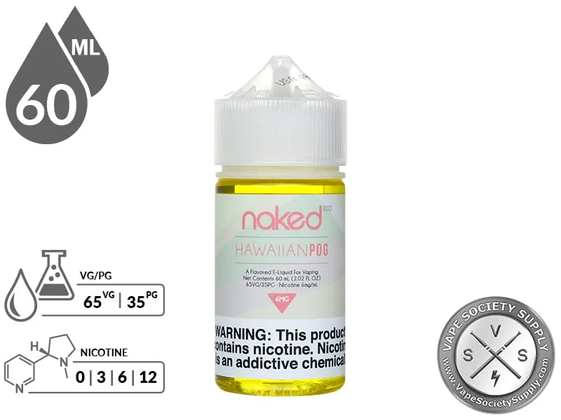 Hawaiian POG Naked 100 60ml bottle with a 65/35 VG/PG icon and nicotine strength icons