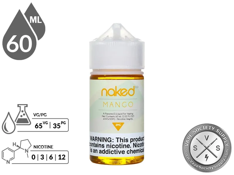 Mango Naked 100 60ml bottle with a 65/35 VG/PG icon and nicotine strength icons