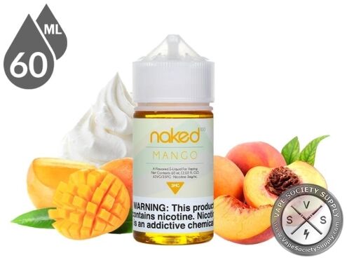 Mango Naked 100 60ml bottle with whipped cream, a cubed mango and peaches