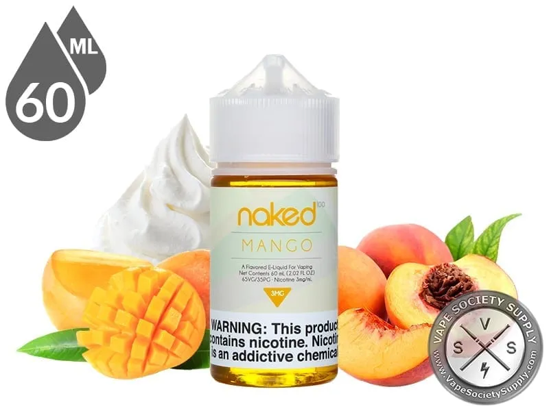 Mango Naked 100 60ml bottle with whipped cream, a cubed mango and peaches