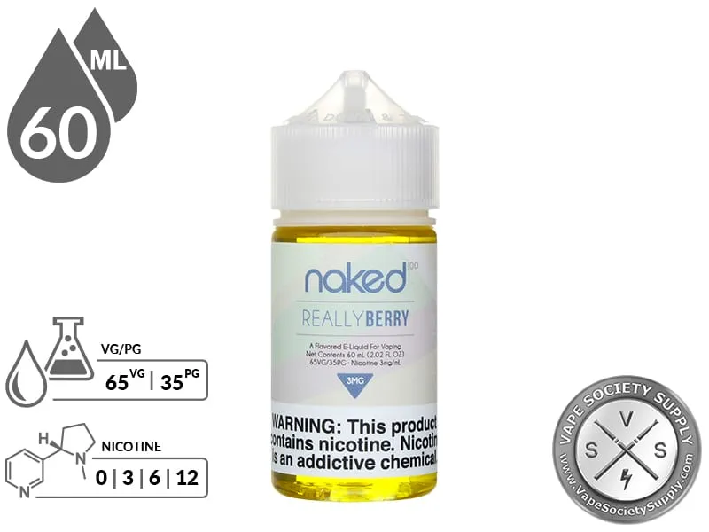 Really Berry Naked 100 60ml bottle with a 65/35 VG/PG icon and nicotine strength icons