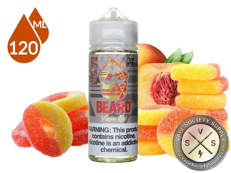 No. 71 Beard Vape Co 120ml bottle with peach gummy rings and fresh peaches