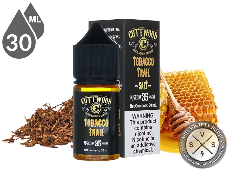 Tobacco Trail by Cuttwood Salt 30ml bottle and box with cut tobacco, a honeycomb and a honey dipper