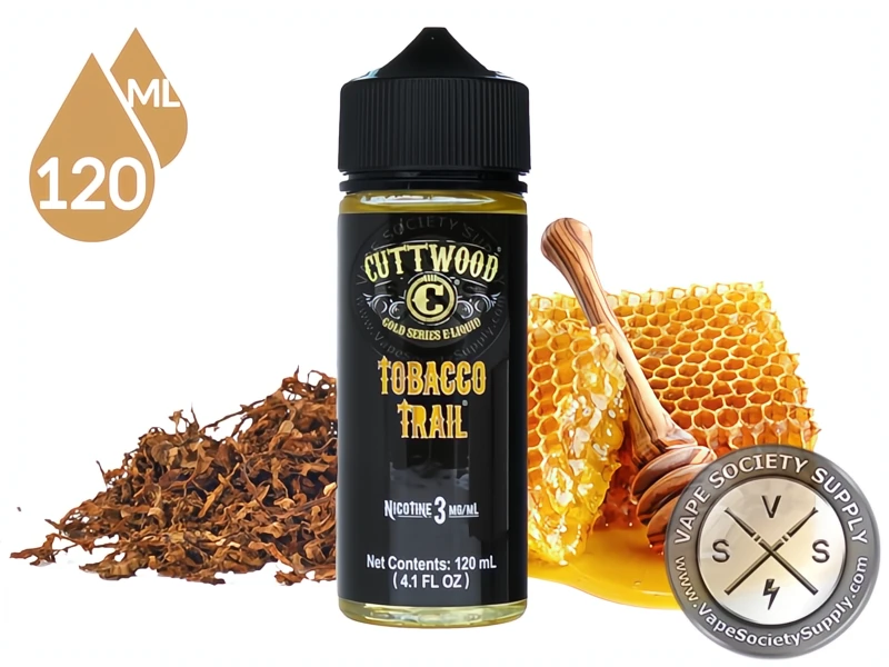 Tobacco Trail by Cuttwood 120ml bottle with cut tobacco, a honeycomb and a honey dipper