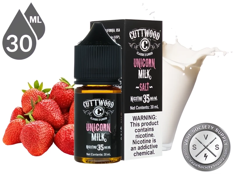 Unicorn Milk by Cuttwood Salt 30ml bottle and box with strawberries and a splash of milk