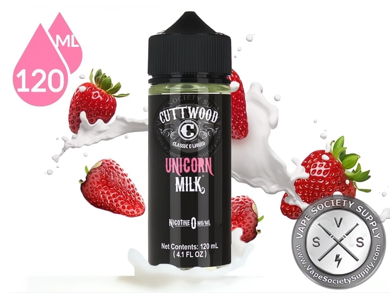 Unicorn Milk by Cuttwood 120ml bottle with strawberries and a splash of milk