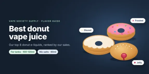 Flavor guide graphic for donut vape juice: a glazed donut, a strawberry frosted donut and a jelly donut, with tags for tanks and nic salts