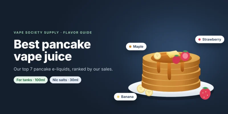 Flavor guide graphic for pancake vape juice: a stack of buttermilk pancakes with maple syrup, strawberries and banana slices, with tags for tanks and nic salts
