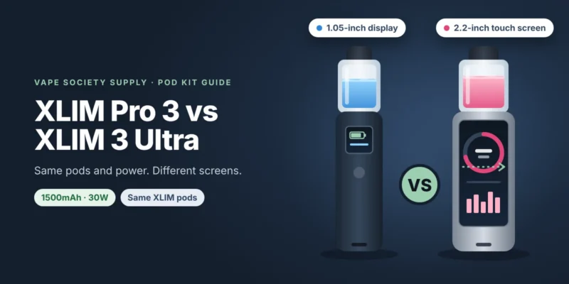 Comparison graphic for XLIM Pro 3 vs XLIM 3 Ultra: two slim OXVA pod kits, one with a small display and one touch screen vape, with tags for each screen size