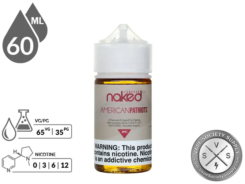 American Patriots Naked 100 Tobacco 60ml bottle with a 65/35 VG/PG icon and nicotine strength icons