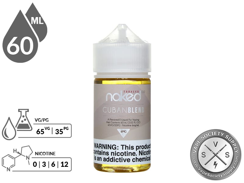 Cuban Blend Naked 100 Tobacco 60ml bottle with a 65/35 VG/PG icon and nicotine strength icons