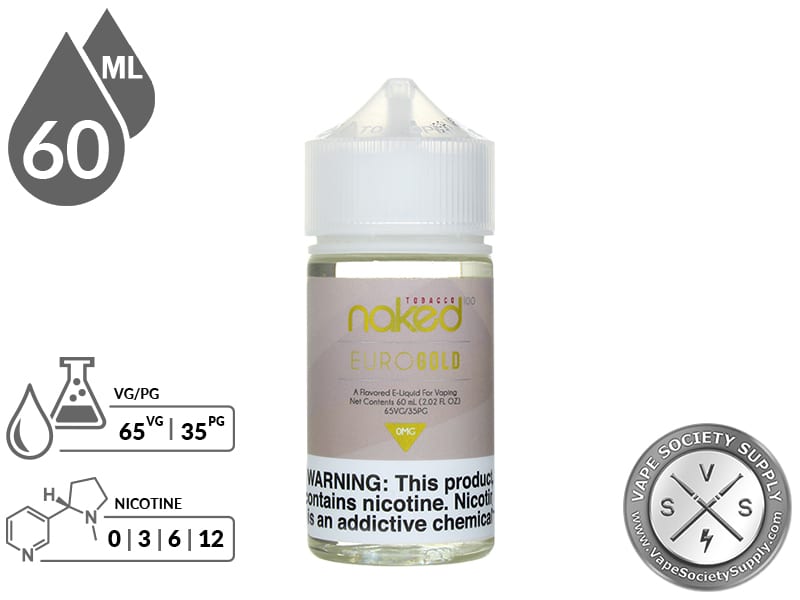 Euro Gold Naked 100 Tobacco 60ml bottle with a 65/35 VG/PG icon and nicotine strength icons