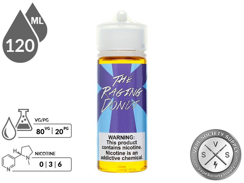 The Raging Donut by Food Fighter Juice 120ml bottle with an 80/20 VG/PG icon and nicotine strength icons