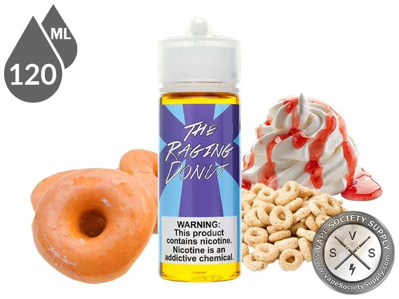 The Raging Donut by Food Fighter Juice 120ml bottle with a glazed donut, whipped cream with strawberry sauce and cereal rings