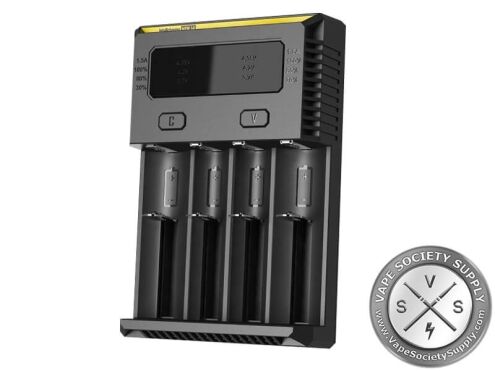 Nitecore New i4 charger from the front: four empty bays, the charge level panel and the C and V buttons