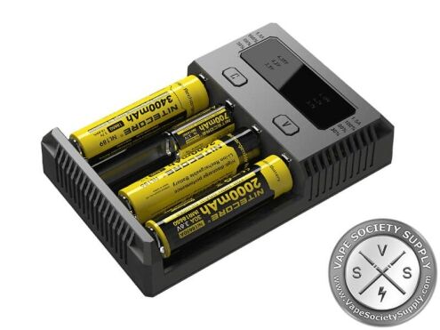Nitecore New i4 charger with four yellow Nitecore batteries in its bays
