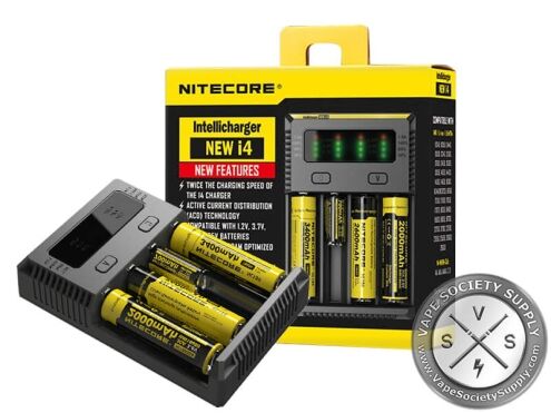 Nitecore New i4 charger holding yellow Nitecore batteries, in front of its box
