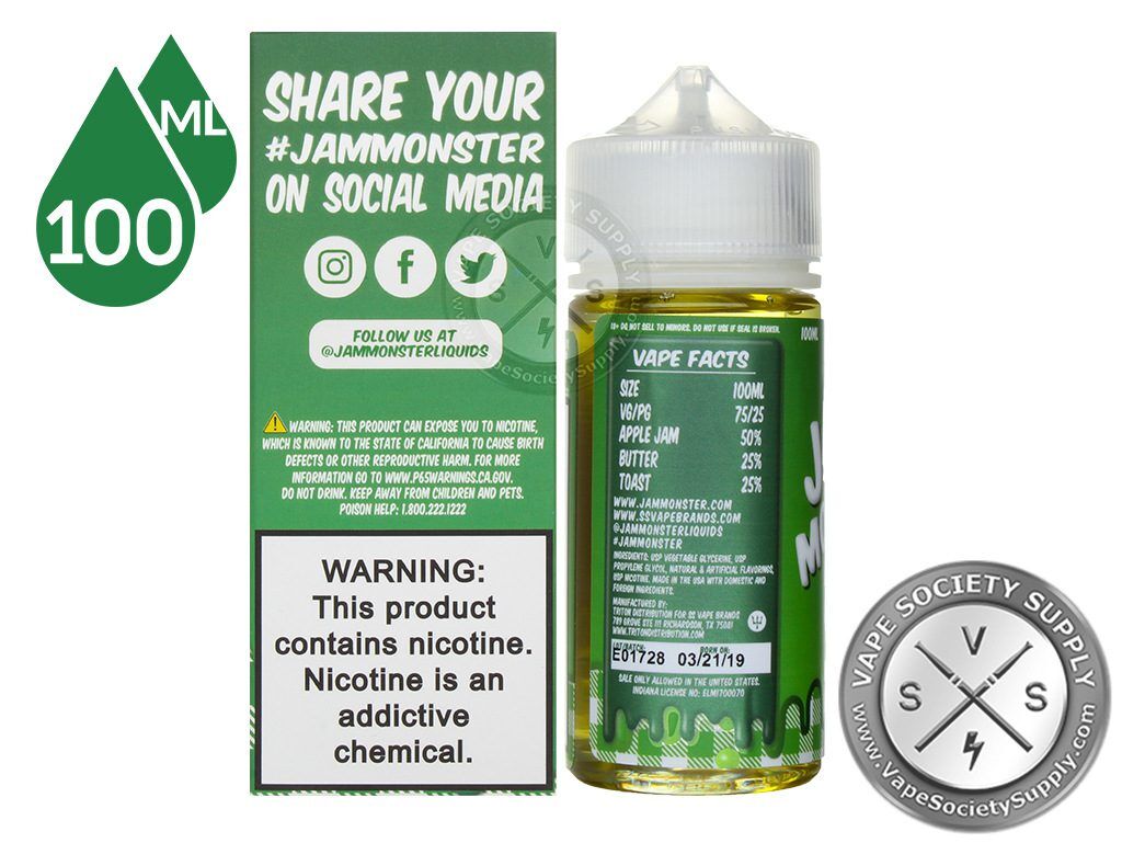 Apple Jam Monster 100ml box side with social media links, next to the bottle