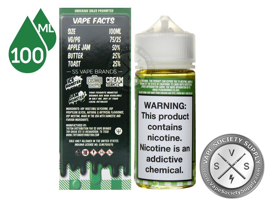 Apple Jam Monster 100ml box Vape Facts panel with size, VG/PG and flavor mix, next to the bottle